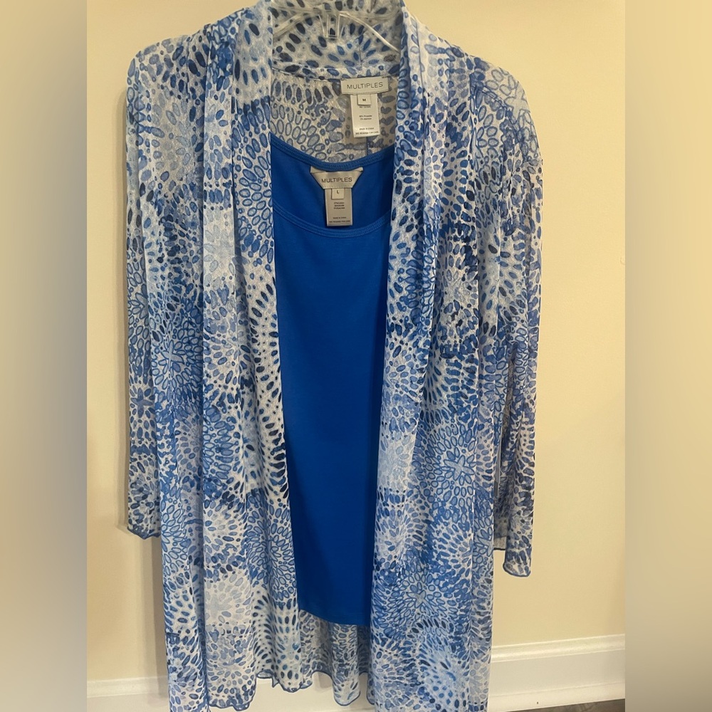 Multiples Blue & White Geometric Cardigan with Solid Blue Tank